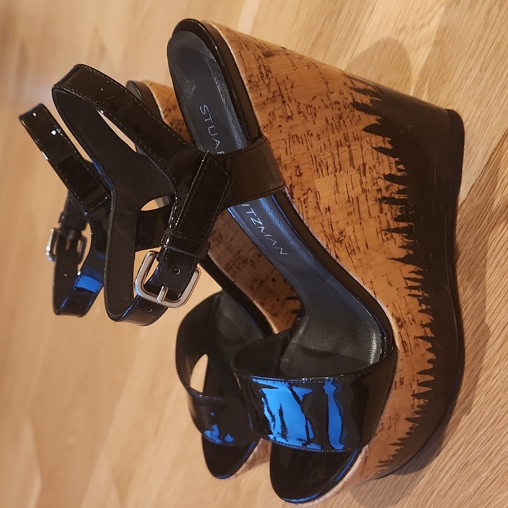 Stuart Weitzman Patent Leather Cork Wedge Sandals